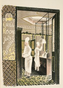 Ravintola ja grillihuone, kuvitus J. M. Richardsin High Streetistä, paina Curwen Press, pubi. Kirjailija: Country Life, 1938 tekijältä Eric Ravilious