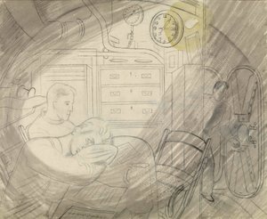 Sukellusveneen (sukellusveneen) ylimpien upseerien hytti (tai neliö). Eric Raviliousin (1903-1942) lyijykynäsarja, sukellusveneeseen toisen maailmansodan aikana (1939-1945). tekijältä Eric Ravilious