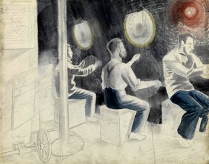 Sukelluksen valvontahuone sukellusveneen sukelluksen aikana. Eric Raviliousin (1903-1942) lyijykynäsarja, sukellusveneessä toisen maailmansodan aikana (1939-1945). tekijältä Eric Ravilious
