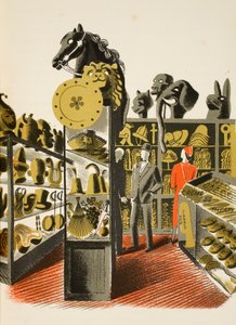 Teatterin puku- ja esinevuokraamo, kuvitus J. M. Richardsin High Street -teoksesta, painanut Curwen Press, pubi. Kirjailija: Country Life, 1938 tekijältä Eric Ravilious