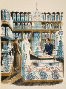 Hääkakku, kuvitus J. M. Richardsin High Streetistä, painanut Curwen Press, pub. Kirjailija: Country Life, 1938 tekijältä Eric Ravilious