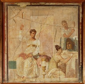 Näyttelijät omistavat naamion jumalille Taulumaalaus, kopio kreikkalaisesta alkuperäiskappaleesta 4. vuosisadalta eaa., Herculanumista, Italiasta. tekijältä Erich Lessing