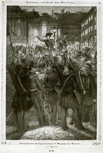 Keisari Ferdinandin perustuslaki luetaan Michaelerin aukiolla keisarillisen palatsin edessä. tekijältä Erich Lessing