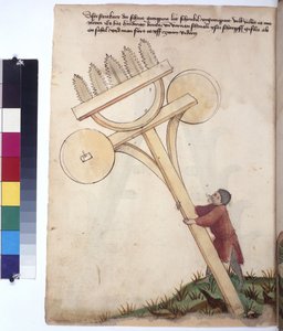 Koko sivu: vaunut, joiden etuosassa on sahanterät, noin 1430 (värikynäpiirros).
