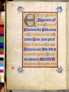 Koko sivu: kehystetty teksti, jossa on lomitettu alkukirjain "E": Johann von Troppaun kirjurin ja valaisijan kolofoni. tekijältä Erich Lessing