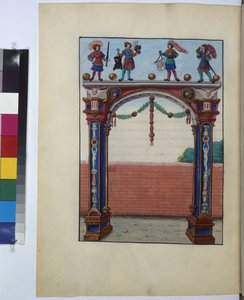 Koko sivu: pienoismallikuva: riemukaari ja haarniskankantajat, noin 1515 (temperamaalaus). tekijältä Erich Lessing