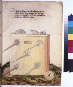 Koko sivu: liikkuva vartija, keihäät ja sotilaat haarniskassa takana, noin 1430 (värikynäpiirros).