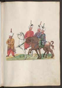 Persian suurlähetystön henkilökunta: kolme korkea-arvoista persialaista hevosen selässä seuralaisensa kanssa. tekijältä Erich Lessing