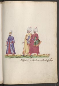 Sulttaanin seraili: eunukki ja kaksi palvelijaa, jotka kantavat hevosten huopia. tekijältä Erich Lessing