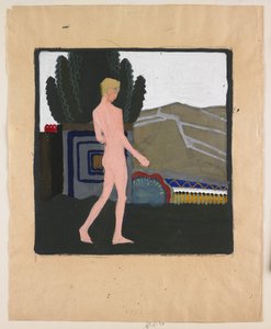 Seisova miesakti maisemassa, n.1914 (guassi paperille). tekijältä Erich Mallina