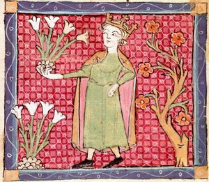 Huhtikuu: kasvien poiminta. Ermengol de Beziersin (Matfre Ermengau) (Ermengaud) (kuollut 1322) pienoismalli "Breviaire d