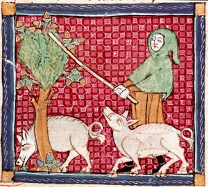 Syyskuu: siat syövät tammenterhoja. Ermengol de Beziersin (Matfre Ermengau) (Ermengaud) (kuollut 1322) pienoismalli "Breviaire d