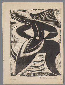 Ex libris Gianni Manterosta tekijältä Erna Levy Friedländer (signed by artist)