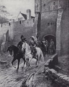 Oliver Cromwell armeijansa kanssa Bootham Barissa Yorkissa, kun Kaarle II yritti saada takaisin valtaistuimen vuonna 1650 (litho) tekijältä Ernest (after) Crofts