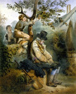 Lapset varastamassa omenoita nukkuvan maanviljelijän nenän alle - Grenierin litografia, v.1840 tekijältä Ernest (after) Grenier