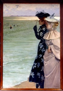 Kaunis aikakausi: "" Kylpyaika meren rannalla"" Kaksi naista rannalla tutkimassa uimareita kiikareissa. Ernest Ange Duezin (1843-1896) maalaus 1896 su. 1,06x1,6 m Rouen, musee des Beaux Arts - Belle epoque: "" Kylpyaika meren rannalla"" Kaksi naista