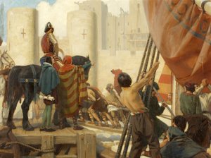 Robert, Gloucesterin jaarli, rakentamassa Bristolin linnan suurta tornia vuonna 1116 (öljy kankaalle)
