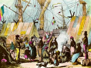 Maahanmuuttajien perheet leiriytyivät Le Havren satamaan. Ernest Chartonin kaiverrus (1813-1905) Kaiverrus 1800-luvun yksityiskokoelmasta tekijältä Ernest Charton