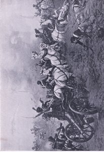52. Oxfordshiren kevyen jalkaväkirykmentin ranskalaisen patterin valtaaminen Waterloossa 18. kesäkuuta 1815, kuvitus teoksesta British Battles on Land and Sea , 1915. tekijältä Ernest Crofts
