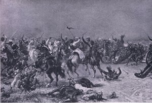 Kings Own Light Dragons -hyökkäys Mudkissa, kuvitus brittiläisistä taisteluista maalla ja merellä, 1915 tekijältä Ernest Crofts