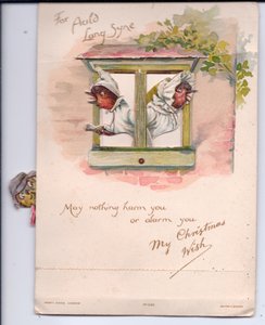 Viktoriaaninen joulukortti, jossa kaksi yöasuista rosvoa katselee ikkunasta hälyttyneinä ulos, noin 1880. tekijältä Ernest Henry Griset