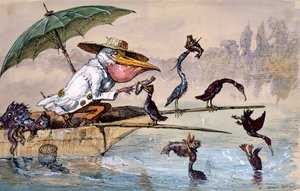 Merimetsot esittelevät kaloja pelikaanille sateenvarjon alla olevassa puntissa, c1864-1907 tekijältä Ernest Henry Griset
