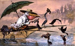 Merimetsot esittelevät kalaa pelikaanille sateenvarjon alla olevassa kalastajan unelmassa (kynä & muste ja akvarelli) tekijältä Ernest Henry Griset