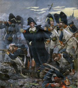 Kenraali Pierre Cambronne (1770-1842) joukkojensa rinnalla Waterloon taistelussa - kaiverrus Delahayen, Ernest Jeanin (1855-1921) mukaan -