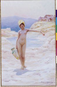 Algerialaistytöllä on kannu Alaston tyttö, jolla on hattu yllään, vesikannu yllään lähellä erämaan keitaan vesilähdettä. Akvarelli Louis Ernest Lessieux (1874-1925) Pakollinen maininta: Collection fondation regards de Provence, Marseille tekijältä Ernest Louis Lessieux