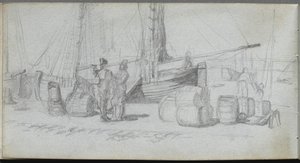 Sketchbook, pàgina 50: Boats, Figures, Cargo on a Beachfinnish tekijältä Ernest Meissonier