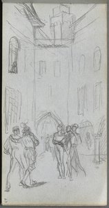 Luonnoskirja, sivu 63: Figuurit pihalla tekijältä Ernest Meissonier