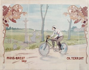 Charles Terront kilpaili ensimmäisessä pitkän matkan pyöräilykilpailussa Pariisin ja Brestin välillä vuonna 1891. tekijältä Ernest Montaut