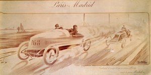 Moottoriurheilu: "Pariisi Madrid": Gabriel voitti Michelin-renkailla varustetun Morsin "" Kuva 1903 tekijältä Ernest Montaut