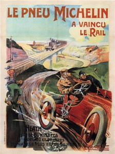 Panhard et levassor kilpa-auto, jota ajaa nummet - Michelin Renkaat (Pneu) - Montaut, Ernest (1879-1909) - 1905 - Värilitografia - Yksityiskokoelma