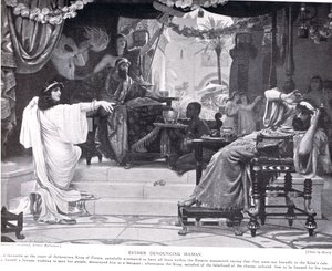 Esther tuomitsemassa Hamanin, kuva "Hutchinsons History of the Nations" -julkaisusta, n. 1910