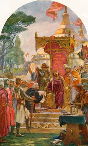 Kuningas John myöntää Magna Cartan Runnymedessa Thames-joen rannalla lähellä Windsoria Englannissa, 15. kesäkuuta 1215. Cassellin Englannin historiasta, julkaistu n. 1901