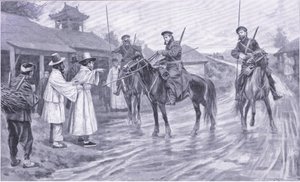Kasakat tiedustelijat keräämässä tietoja korealaisesta vangituksesta, kuva Cassellsin Venäjän ja Japanin sodan historiasta, osa 1, n. 1900