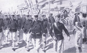 Japanilaiset marssivat Tokion läpi, kuvitus teoksesta Cassells History of the Russo-Japanese War Vol. 1, n. 1900.
