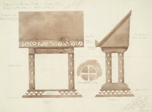 Suunnittelu lukupöydälle ruskeaa eebenpuuta, hopealla ja helmiäiskoristeella, n. 1905-1915 (wc, kynä paperille) tekijältä Ernest William Gimson