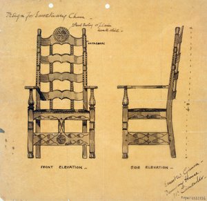 Design for Sanctuary Chair, n. 1905-25 (kynän ja musteen pesu paperille)