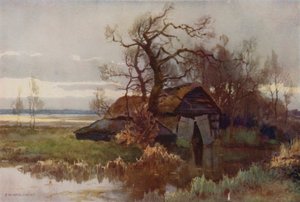 Old Boat-Houses, Barton Broad (väri litho) tekijältä Ernest William Haslehust