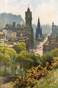 Princes Street Calton Hillistä (väri litho) tekijältä Ernest William Haslehust