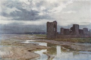 Sands of Dee, Flint Castle (väri litho) tekijältä Ernest William Haslehust