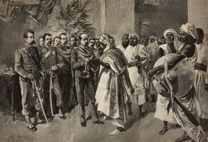 Kenraali Tancredi Saletta tarjoaa miekan Kantibaille, Ababin päällikölle Massawassa Eritrean sodassa, Ernesto Mancastroppan kaiverrus G Amaton piirroksesta, L