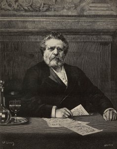 Giosue Carducci (1835-1907), italialainen runoilija ja kirjailija, Nobel-palkittu 1906, kaiverrus Ernesto Mancastroppa Vittorio Corcosin maalauksesta, L