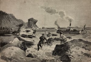 Luutnantti Carlo Zavaglin (1867-1890) tappaminen Warsheikhissä Somaliassa 24. huhtikuuta, Ernesto Mancastropan kaiverrus Gennaro Amaton piirroksesta, L