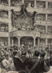 Umberto I ja Margherita of Savoy, Saksan hallitsijoiden seurassa Teatro Argentinassa hopeahääjuhlissa 21. huhtikuuta