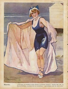 Nainen rannalla Biarritzissa (väri litho)