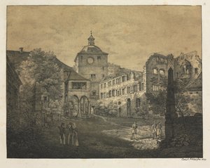 Kuusi näkymää Heidelbergin linnaan: Castle Terrace, 1820. tekijältä Ernst Fries