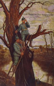 Hyviä uutisia esikunnalle, saksalaiset sotilaat tarkkailemassa taistelukenttää ja raportoimassa esikunnalle kenttäpuhelimella, ensimmäinen maailmansota, 1915
